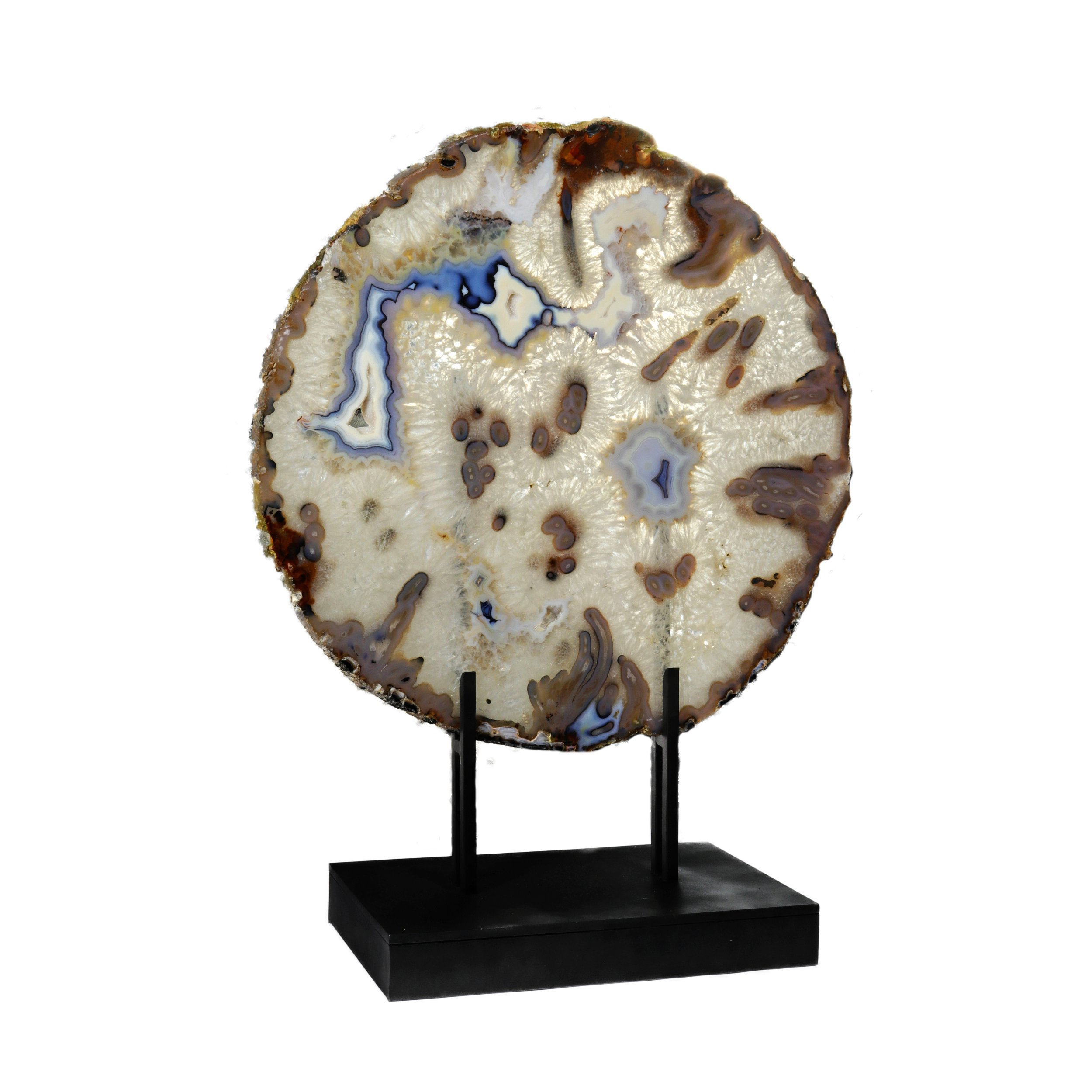 Agate Slice - Dramatic Blue & Brown Fortified Patterns on Custom H-Stand with Green Patina