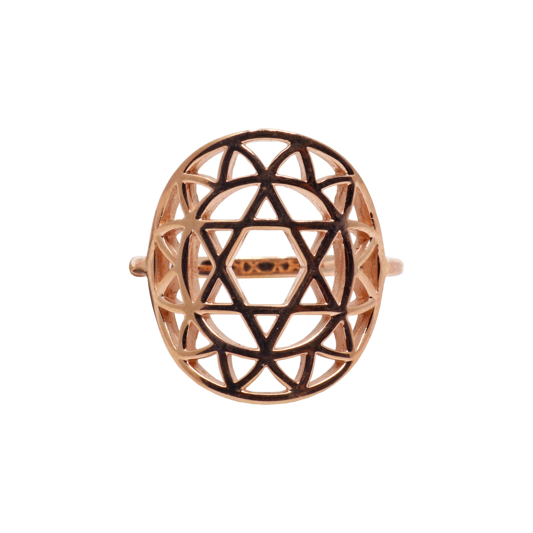 Introducing our stunning Silver Ring, adorned with a Rose Gold Overlay Heart Chakra design. Crafted with 925 sterling silver and plated in luxurious rose-gold, this elegant piece of jewelry is sure to captivate. Perfect for any occasion, it makes for a cherished gift that will be treasured for years. This affordable and valuable ring is one of our favorites, and we know it will become one of yours too. Experience the beauty and significance of the heart chakra with this exquisite ring. Silver Ring Size 5 - Rose Gold Overlay Heart Chakra - Sacred Geometry