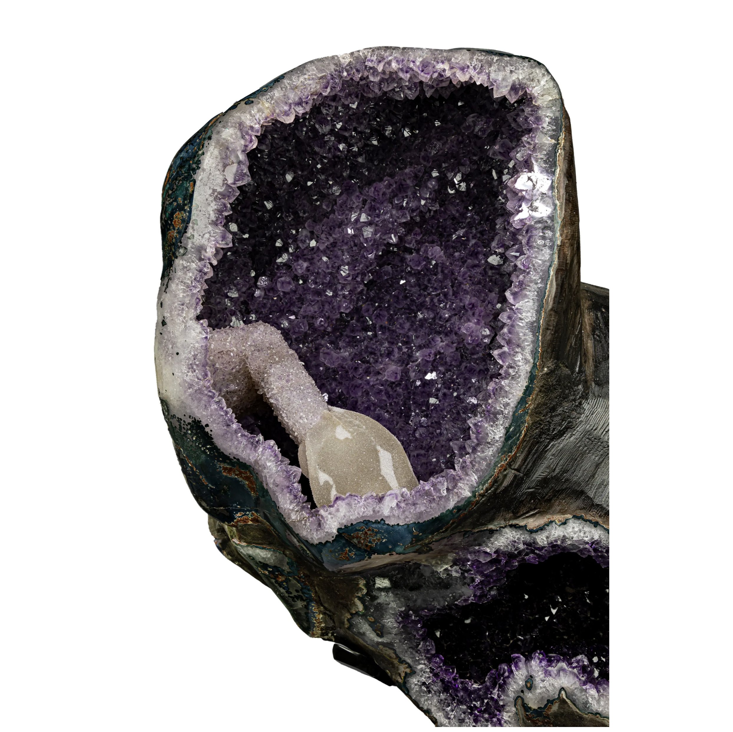 Amethyst Geode Multi-Vug with Calcite Crystal & Druze In Custom Fitted Stand