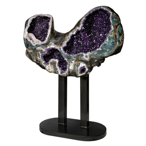 Closeup photo of Amethyst Geode Multi-Vug with Calcite Crystal & Druze In Custom Fitted Stand