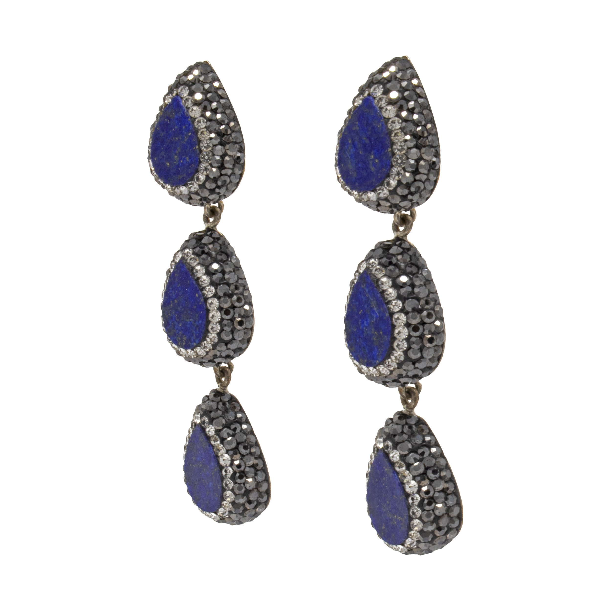Lapis Lazuli Earrings -3 Pears In Marcasite & Silver