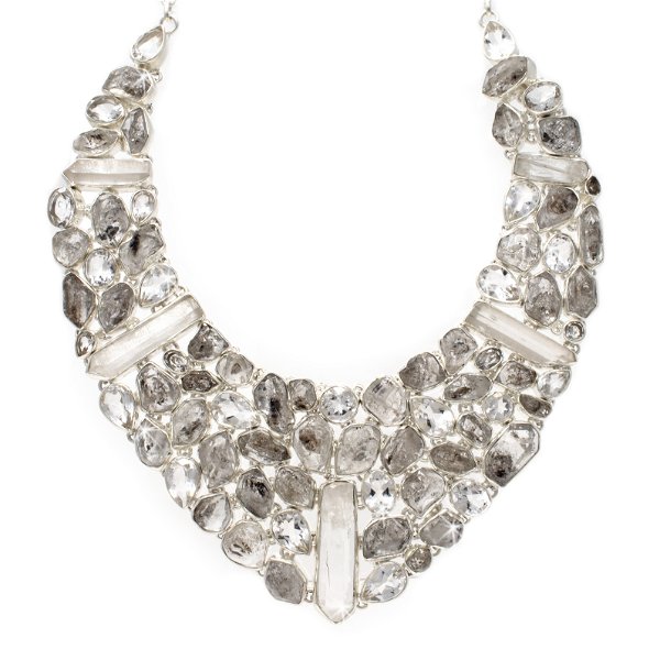 Closeup photo of Herkimer Diamond Collar Necklace Set with White Topaz & Quartz Crystals