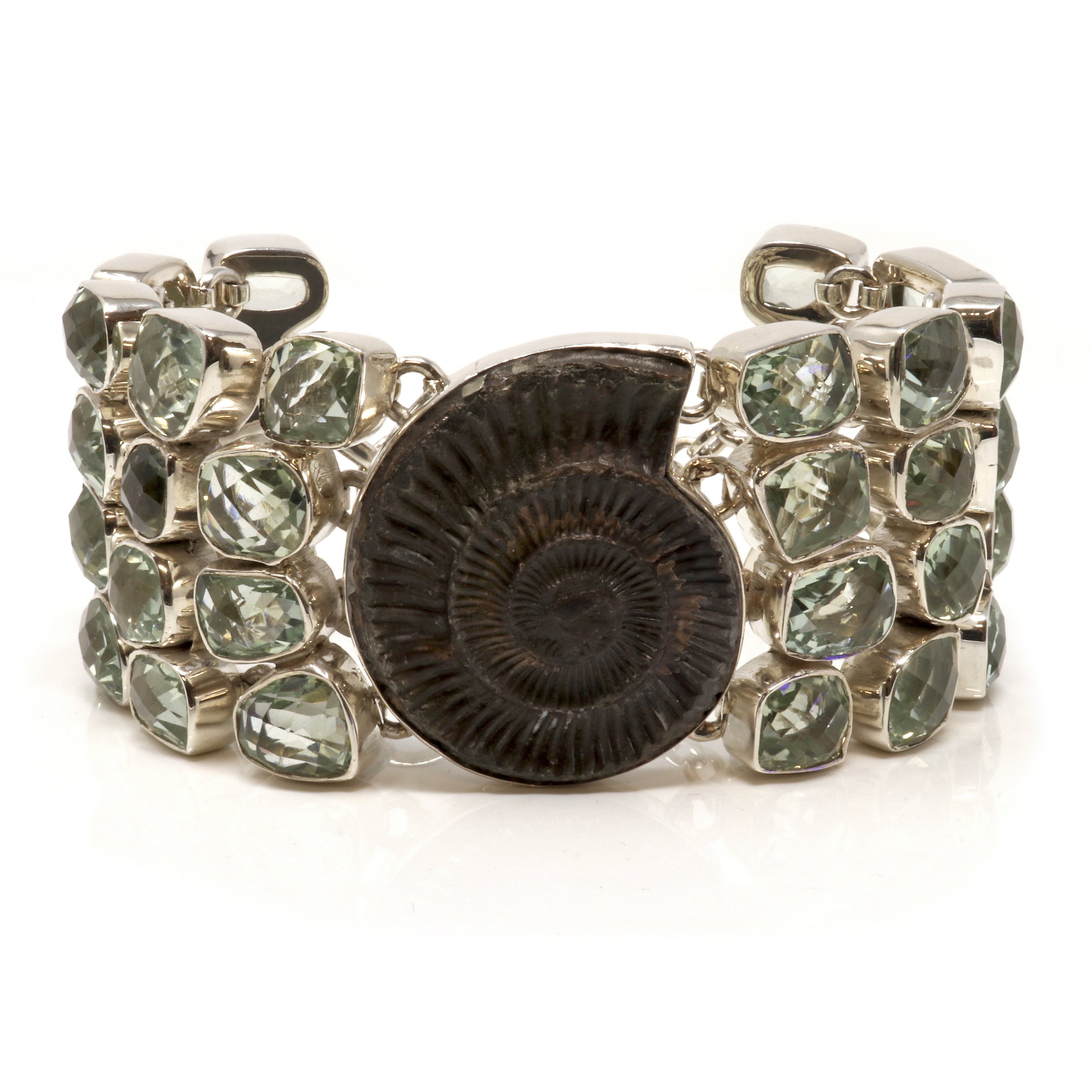 Prasiolite Faceted Bracelet With Metal Ammonite Impression