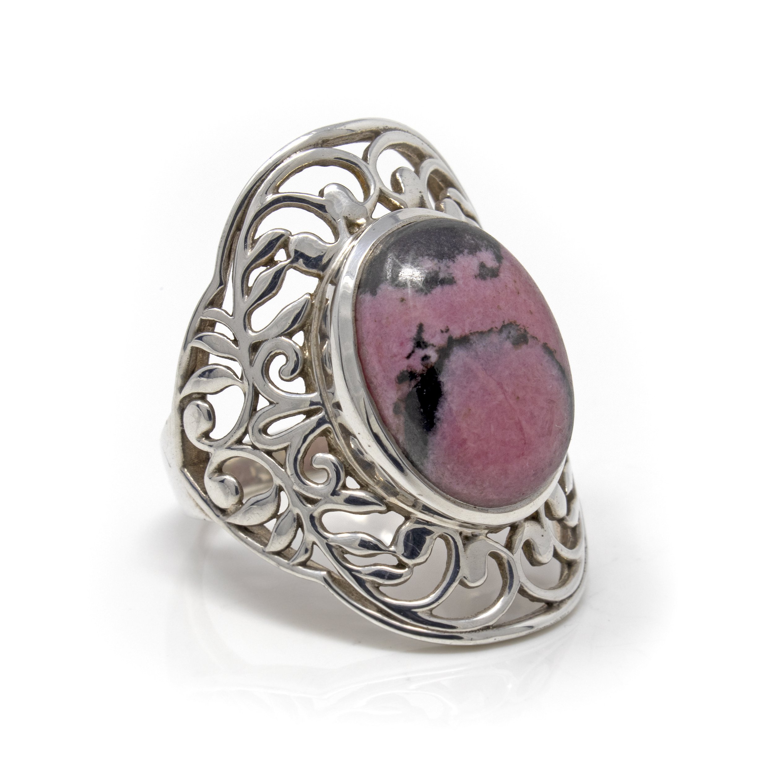 Rhodonite Ring -Oval With Filigree Saddle Band Size 8