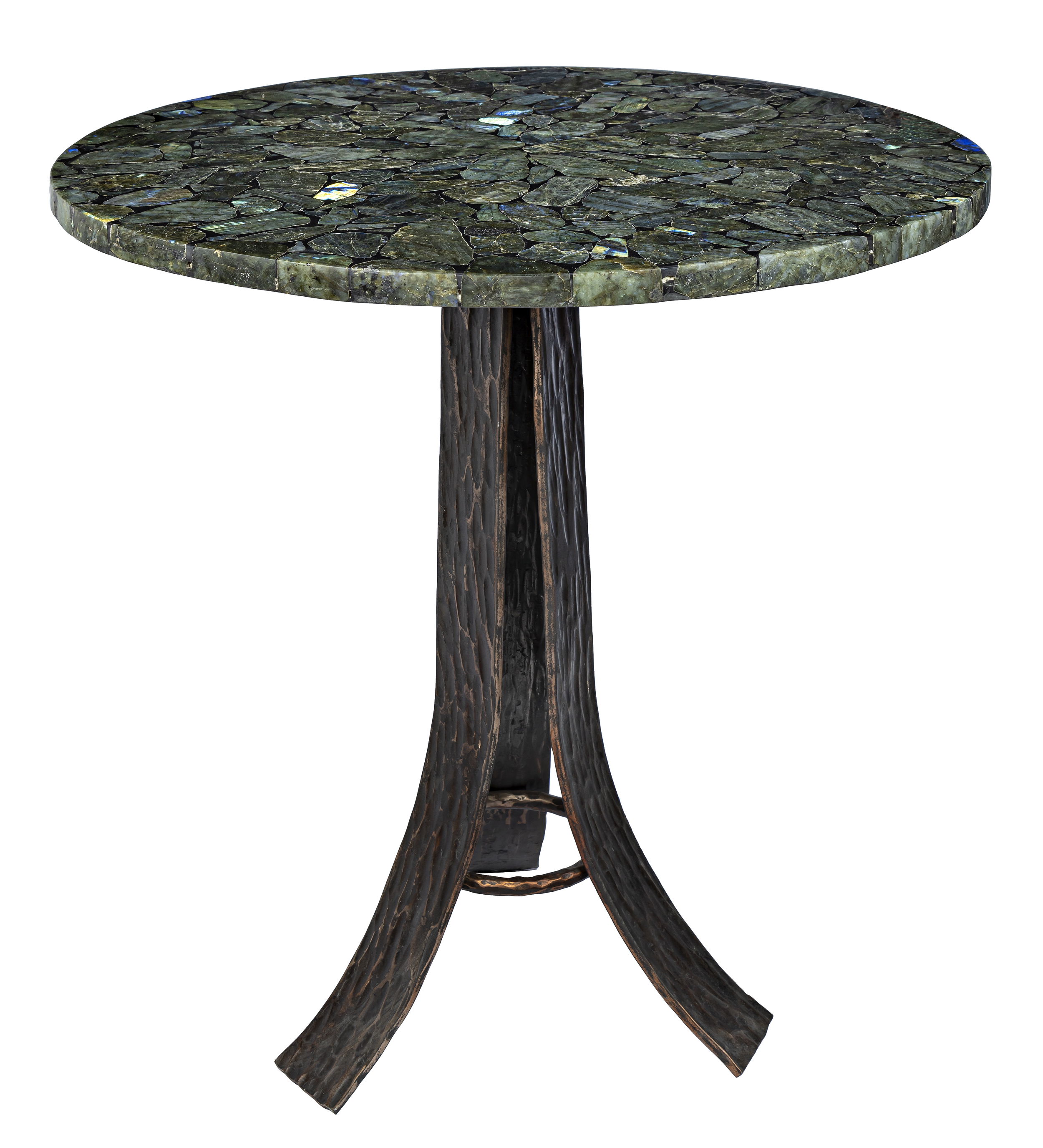 This stunning Labradorite Mosaic Round Table with Hand Forged Tri-leg Base is a unique piece of art that will transform your living room, bedroom, or anywhere else in your home. The Rare Earth Gallery's Labradorite Mosaic Round Table is made of an exquisite labradorite top, framed by a hand forged tri-leg base made of steel for an incredible look and feel. With its unique design, this statement piece is perfect for your home as a side table, coffee table, or an added flair to any room. Add elegance and style to your home with the Rare Earth Gallery's Labradorite Mosaic Round Table with Hand Forged Tri-leg Base. Labradorite Mosaic Round Table with Hand Forged Tri-leg Base