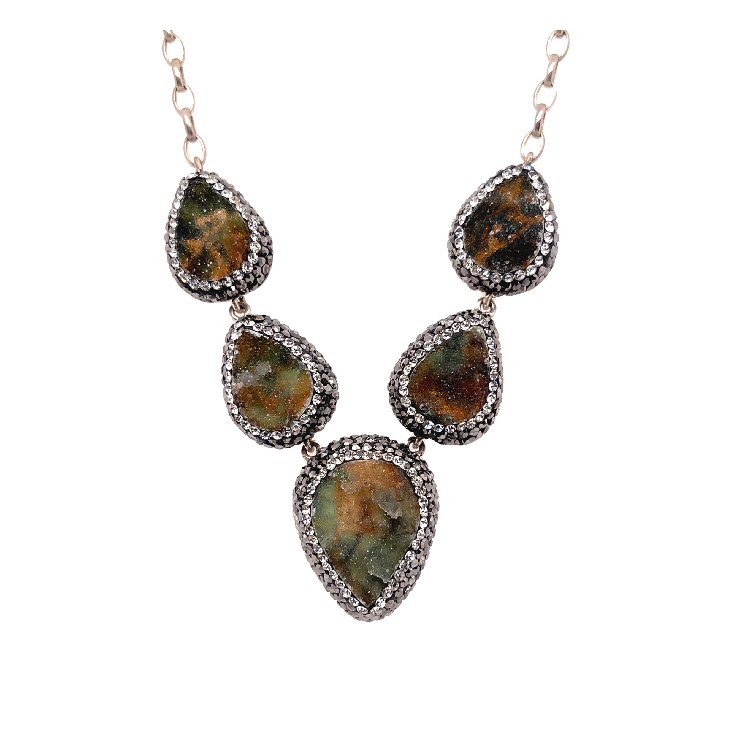 Natural Druze Necklace -5 Pear Shapes With Marcasite & Silver Crystals