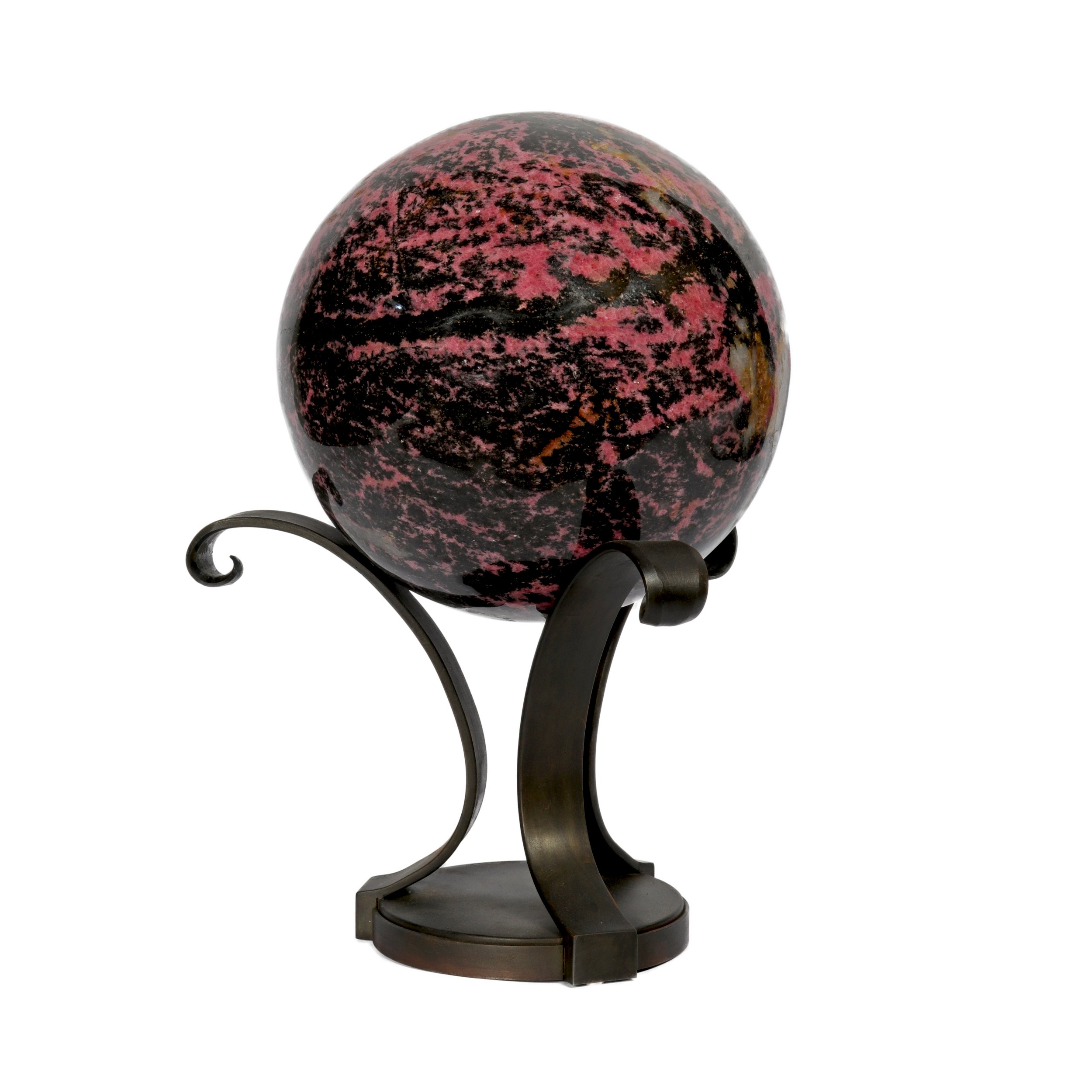 Rhodonite Sphere On Custom Metal Stand- 3 Spiral Bouquet Style