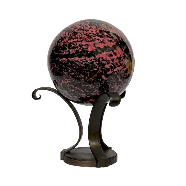 Closeup photo of Rhodonite Sphere On Custom Metal Stand- 3 Spiral Bouquet Style