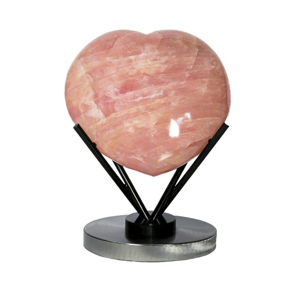 Closeup photo of Rose Quartz Heart On Custom Stand With Sharp Oval Base