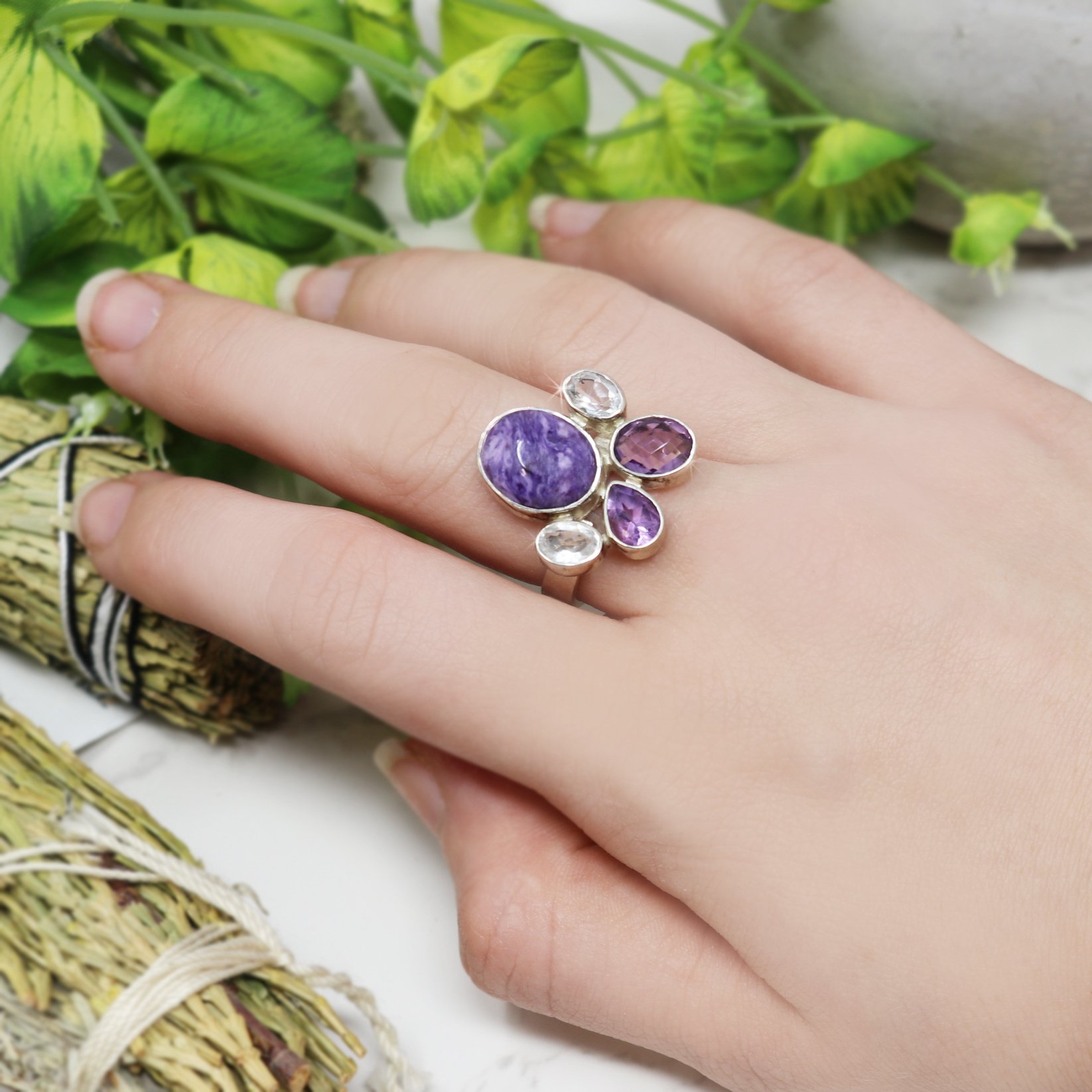Charoite Ring With Amethyst & White Topaz Adjustable Band