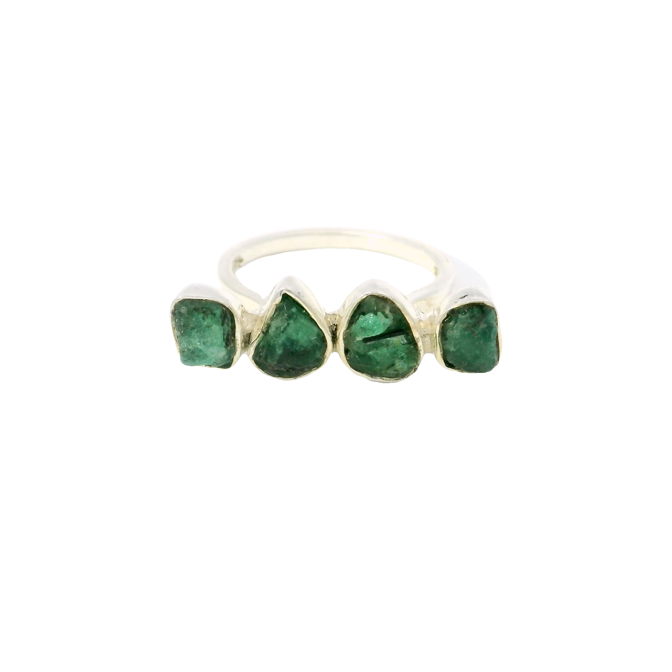 Experience the allure of timeless elegance with our exquisite Emerald Ring, featuring a unique four-nugget east/west setting that showcases the captivating beauty of these brilliant green gemstones. Perfectly crafted for those who appreciate sophistication and style, this ring is a stunning addition to any jewelry collection.This striking ring features four dazzling emerald nuggets, artfully set in an east/west orientation for a modern twist on a classic design. The unique arrangement of the gemstones enhances their natural brilliance and creates a breathtaking visual appeal. Each nugget is a genuine emerald, known for its rich, vibrant green hue and timeless elegance. These precious stones are carefully selected for their color and clarity, offering a luxurious look that is sure to attract attention. Emerald Ring -4 Nuggets East/west Setting Sz6