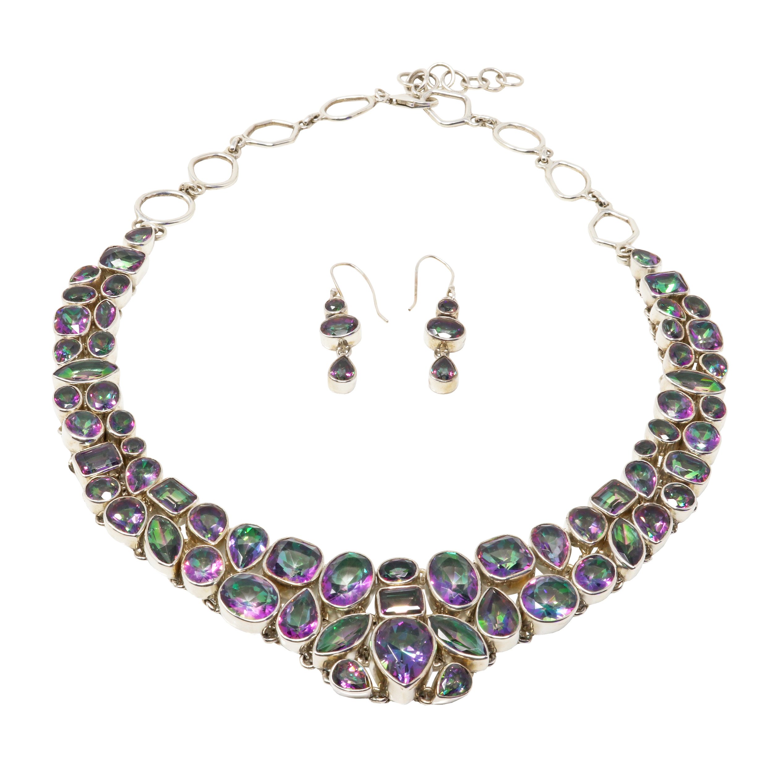 Mystic Topaz Necklace -Faceted Demi Collar With Dangle Earrings