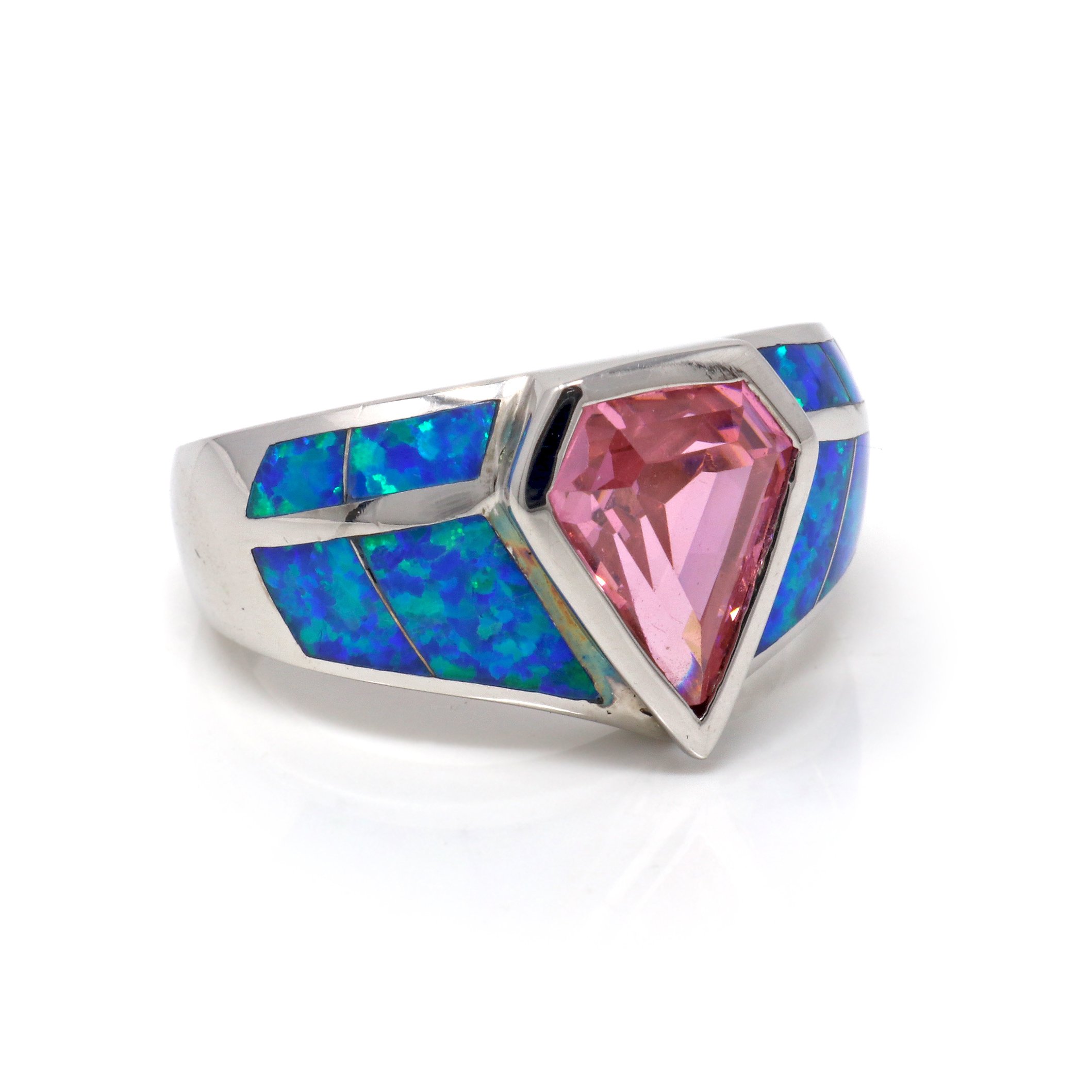 Blue Opal Inlay Ring Size 7 With Triangle Diamond Pink Cz In Wide Band