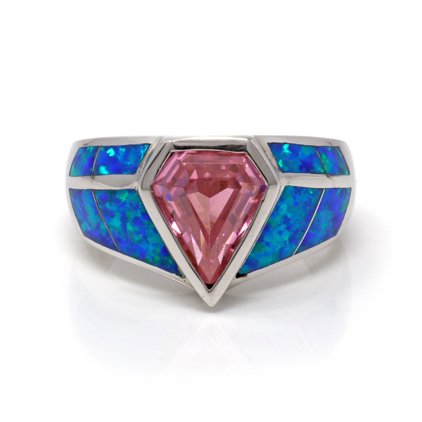 Closeup photo of Blue Opal Inlay Ring Size 7 with Triangle Diamond Pink Cz in Wide Band