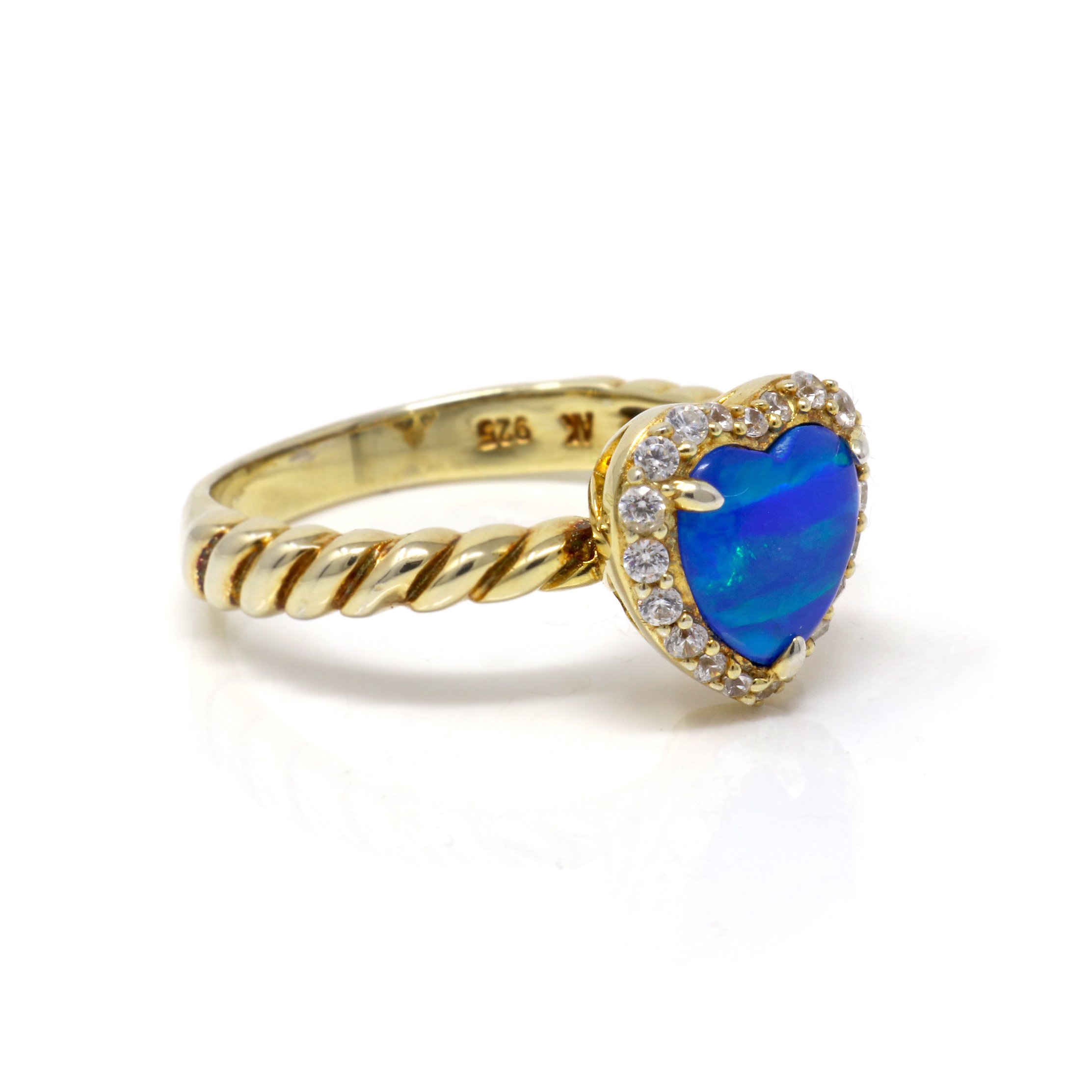 Blue Opal Heart Ring Size 8 With Gold Vermeil And White Czs On Bezel sz8