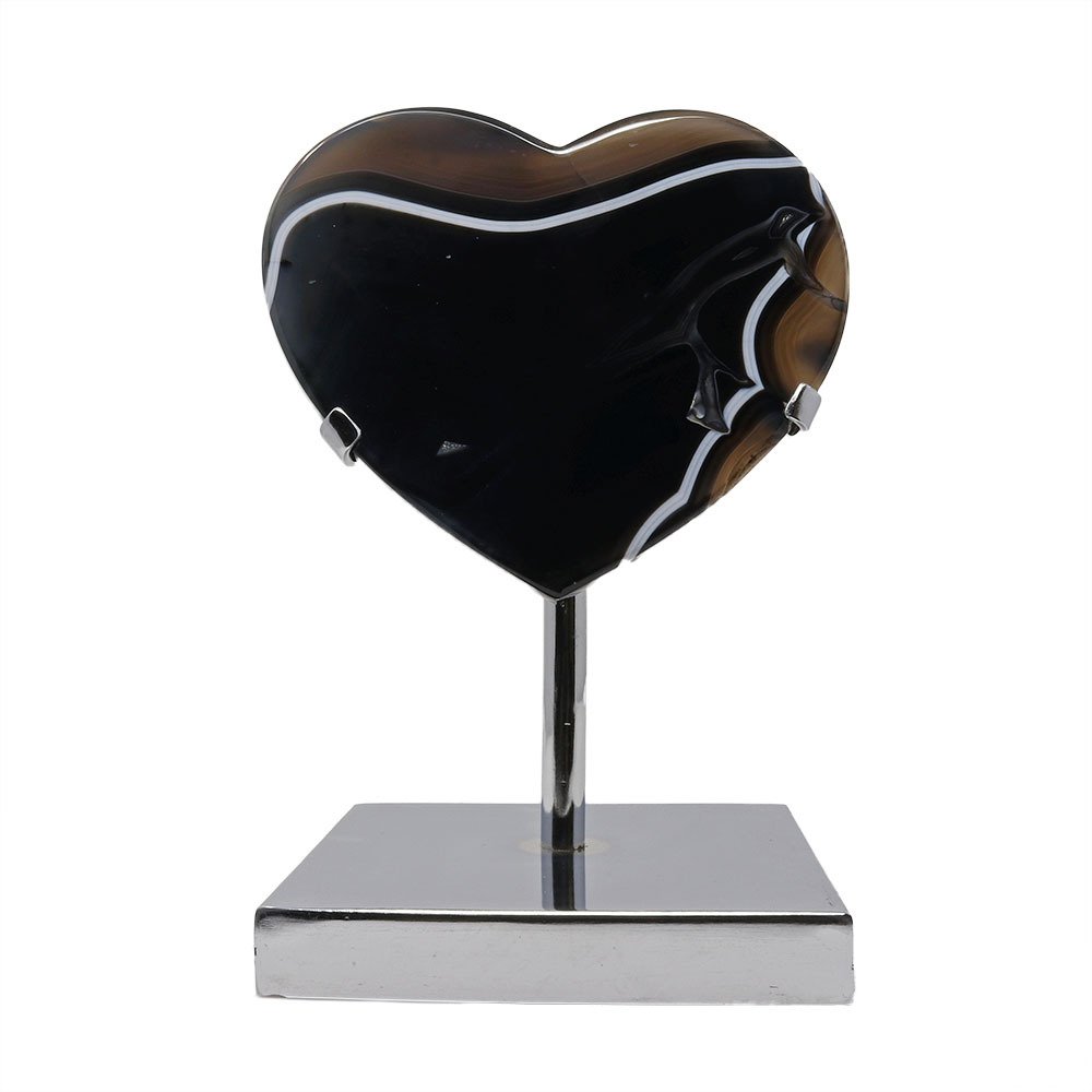 Black Agate Heart (Sard Onyx) In Custom Stainless Steel Stand