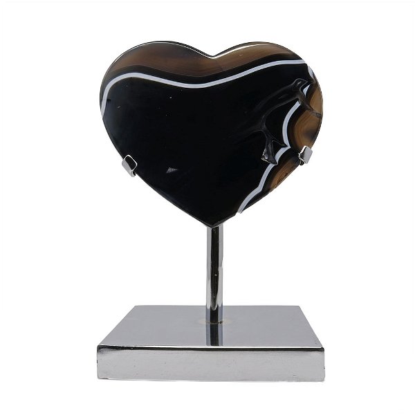 Closeup photo of Black Agate Heart (Sard Onyx) In Custom Stainless Steel Stand