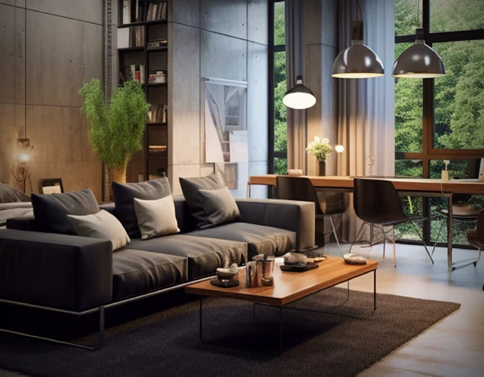 Curated furniture vignette with a wooden console, armchair, and layered textiles