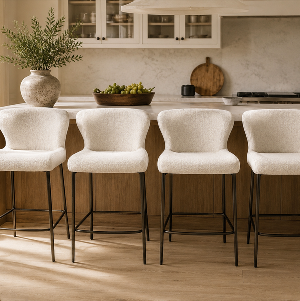 Arhaus Kirsten 2 Counter Stools in Nomad Snow and Brushed Gold Metal