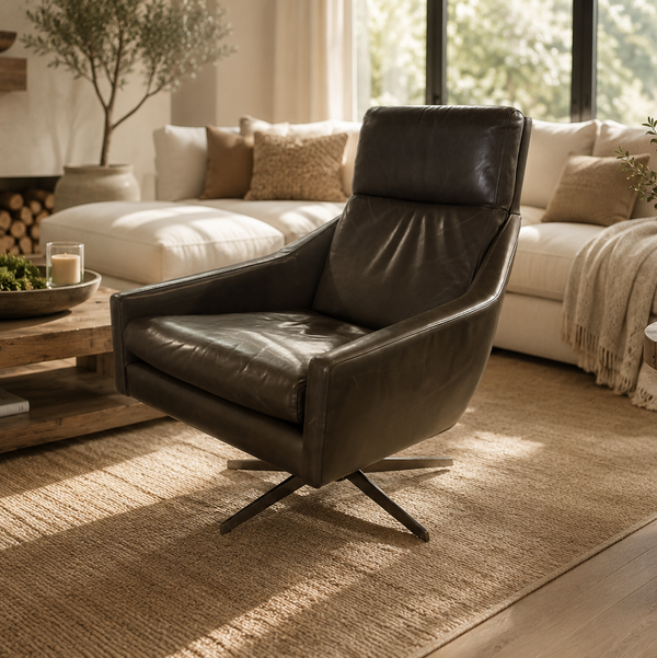 West Elm Austin Leather Swivel Chair in Charcoal Green Leather