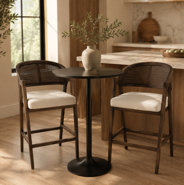 Arhaus Aimee 2 x Bar Stools in Mocha Drifted & Performance Nomad Snow fabricDimensions in pics