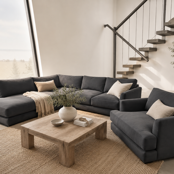 West Elm Haven 113" 2 piece Bumper Chaise Sectional & matching Chair in Charcoal Velvet Microfiber