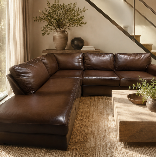 Potterybarn Turner 114" X 100" Roll Arm Leather 3-Piece Bumper Sectional in Burnished Walnut Leather