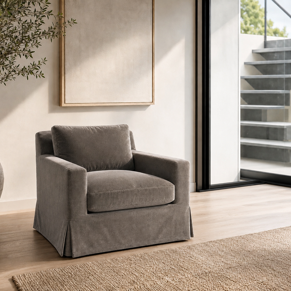 Restoration Hardware Belgian Slipcover Track armchair Luxe Depth in Vintage Velvet Base Metal st. Brand new Slipcovers