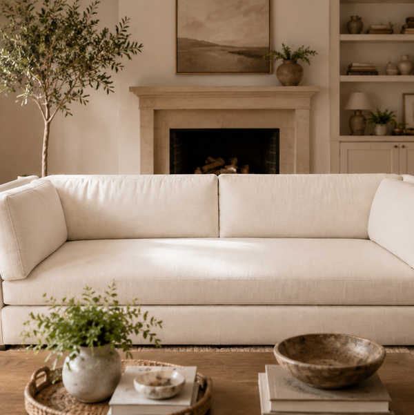 Restoration Hardware 9ft Belgian classic Shelter arm bench cushion sofa in White Performance Textured Linen