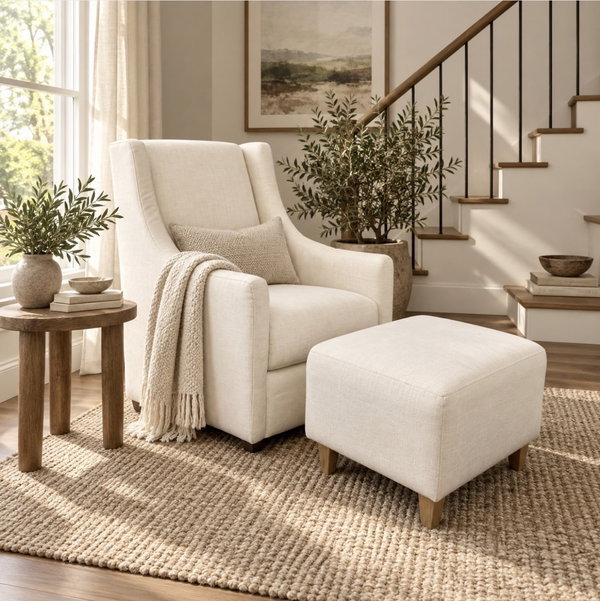 Pottery Barn Merced Swivel Glider & Ottoman in Ivory Linen