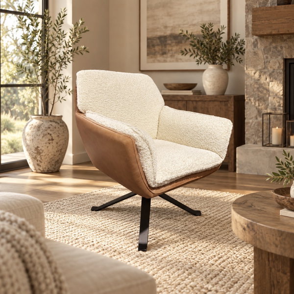 Arhaus Cerrito Swivel Chair Boucle and Nubuck Leather