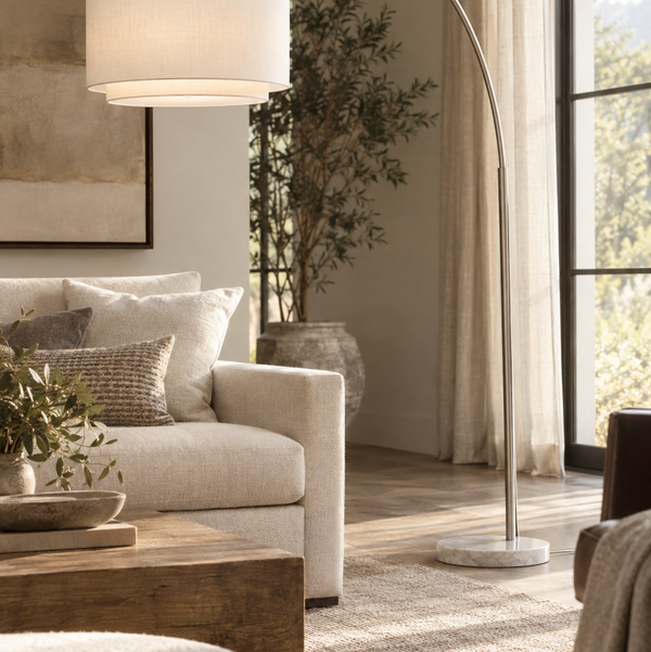 Crate & Barrel Meryl Arc Floor Lamp - Nickel with White Linen Shade
