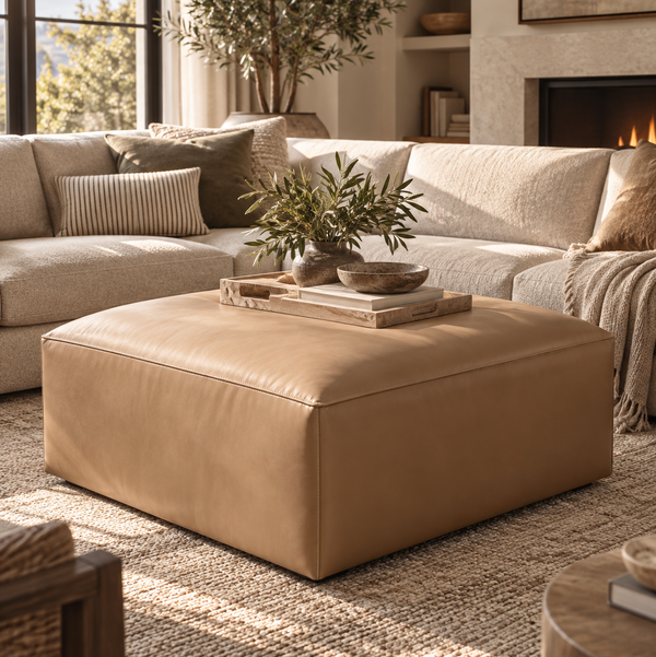 Living Spaces Highland Square Leather Ottoman in Lukas Pecan