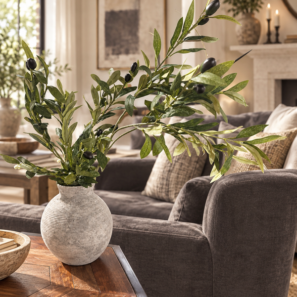 Dark Olive Branch Arrangement in Grey 6” Textured Vase