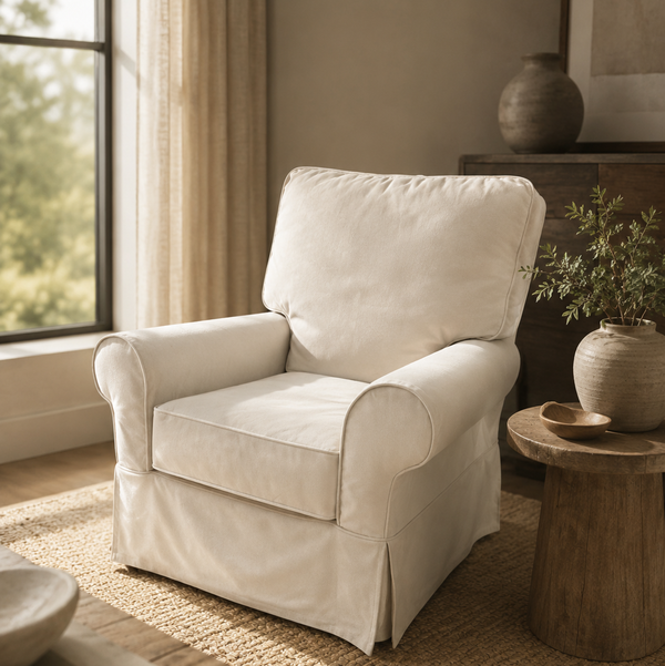 Crate & Barrel PB Comfort Roll Arm Slipcovered Swivel Rocking Chair in Ivory, Performance Chateau Basketweave