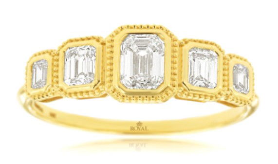 14KYG 5 EMERALD CUT DIAMONDS 0.88CT BEZEL SET ENGAGEMENT/ANNIVERSARY RING
