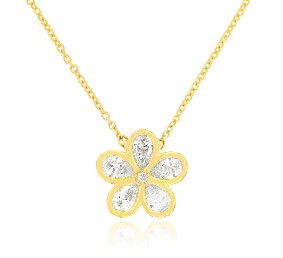 14KYG 1 BR & 5 PEAR SHAPE DIAMONDS 0.53CT BEZEL SET FLOWER PENDANT ON 18" CABLE CHAIN
