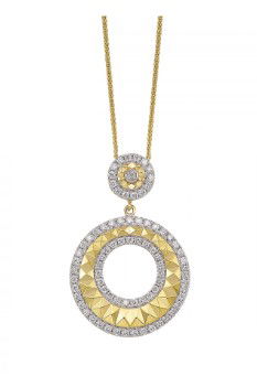 14KYG 77 BR DIAMONDS 0.37CT DOUBLE CIRCLE PENDANT W/18" WHEAT CHAIN