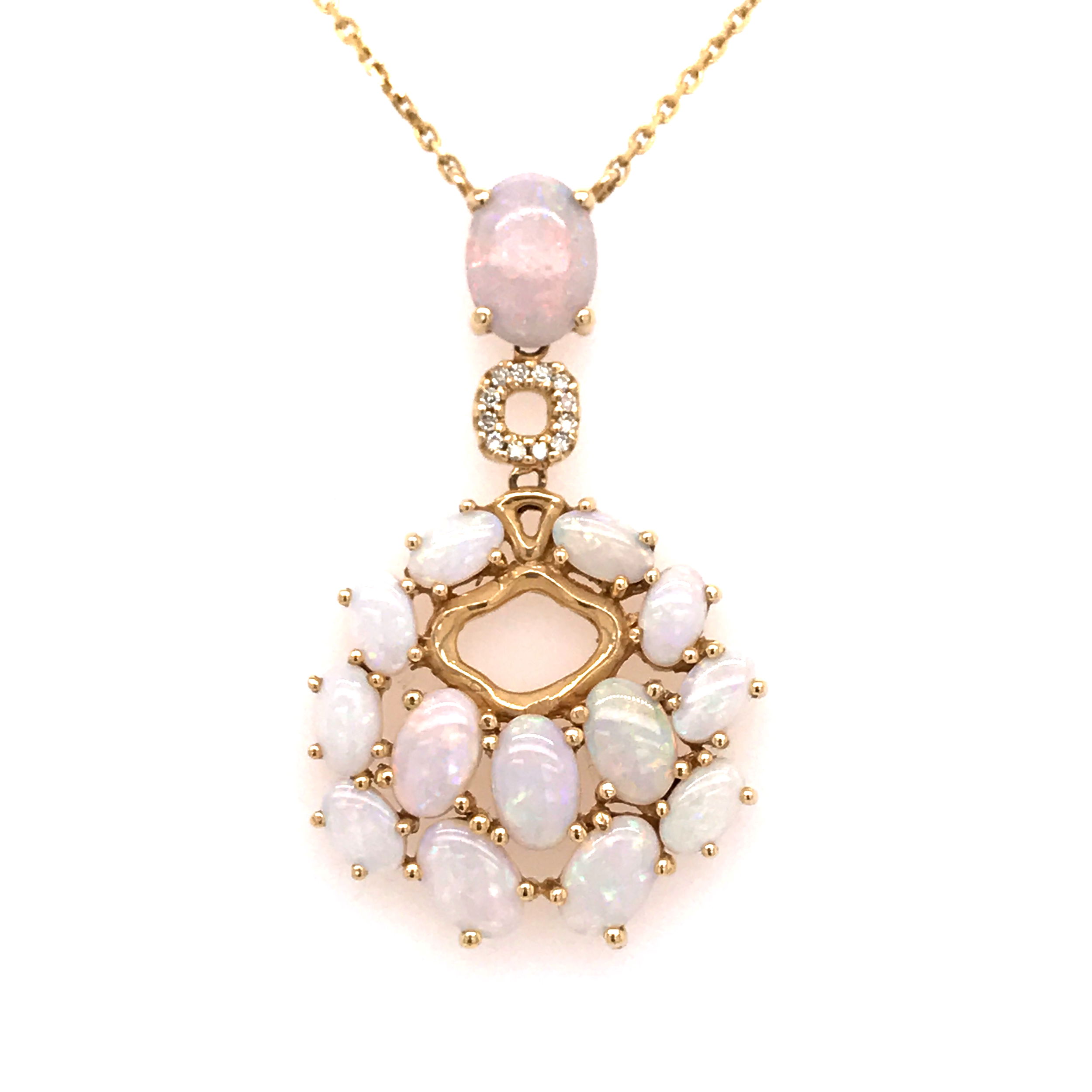 14KYG 12 BR DIA .04CT & 14 OVAL OPALS 3.65CT DANGLE PENDANT W/16" CABLE CHAIN