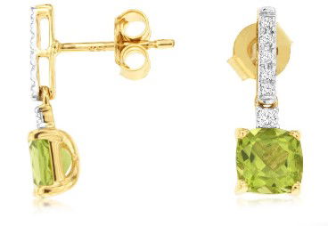 14KYG 2 CUSHION PERIDOT 2.20CT & 12 BR DIAMONDS 0.14CT DROP/DANGLE EARRINGS