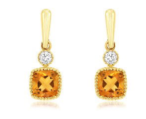 14KYG 2 CUSHION CITRINE 0.28CT & 2 BR DIAMONDS 0.03CT DROP/DANGLE EARRINGS
