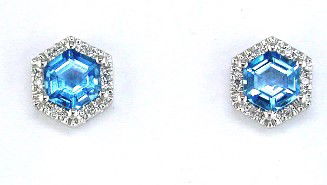 14KWG 2 HEXAGON BLUE TOPAZ 1.30CT & 12 DIAMONDS 0.05CT HALO STUD EARRINGS 14KWG 2 HEXAGON BLUE TOPAZ 1.30CT & 12 DIAMONDS 0.05CT HALO STUD EARRINGS