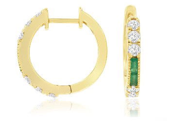 14KYG 4 EMERALD BAGUETTES 0.24CT & 12 BR DIAMONDS 0.66CT HOOP EARRINGS 14KYG 4 EMERALD BAGUETTES 0.24CT & 12 BR DIAMONDS 0.66CT HOOP EARRINGS