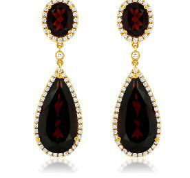 14KYG 2 OVAL & 2 PEAR GARNETS 17.00CT & 116 BR DIAMONDS 0.75CT DANGLE HALO EARRINGS 14KYG 2 OVAL & 2 PEAR GARNETS 17.00CT & 116 BR DIAMONDS 0.75CT DANGLE HALO EARRINGS