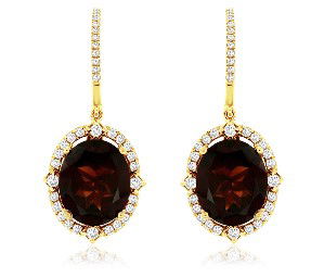 14KYG 2 OVAL GARNETS 11.00CT & 72 BR DIAMONDS 0.70CT DANGLE HALO EARRINGS