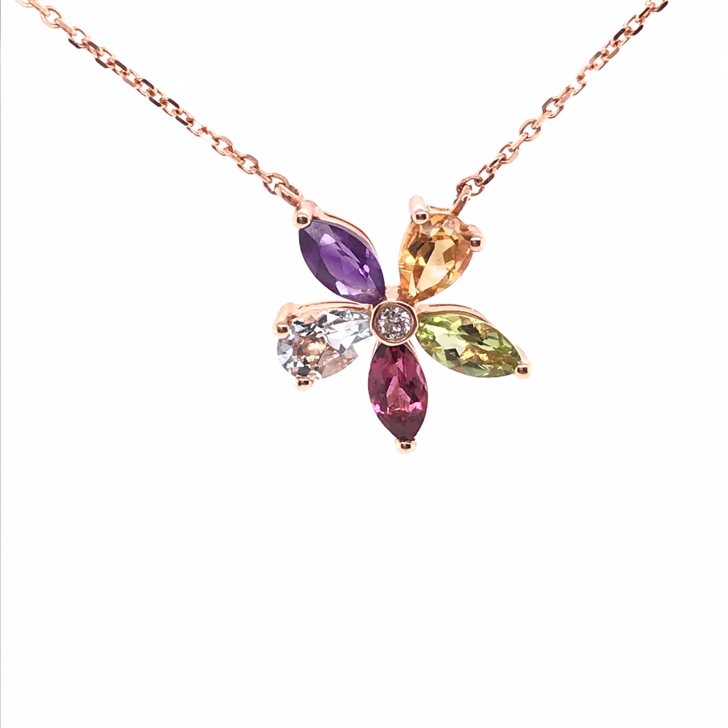 14K RG 1 BR DIA 0.03CT 3 MQ 2 PEAR MULT COLOR GEMSTONES 2.00CT FLOWER SHAPE 16" NECKLACE 14K RG 1 BR DIA 0.03CT 3 MQ 2 PEAR MULT COLOR GEMSTONES 2.00CT FLOWER SHAPE 16" NECKLACE