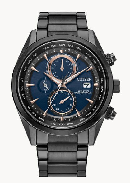 CITIZEN MEN'S ATOMIC TIME KEEPING BLACK ECO-DRIVE WATCH W/BLUE DIAL & ROSE ACCENTS