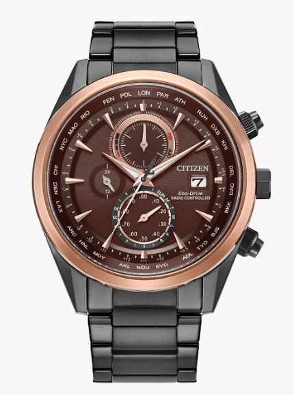 CITIZEN MEN'S ATOMIC TIME KEEPING BLACK ECO-DRIVE WATCH W/MAROON DIAL & ROSE ACCENTS