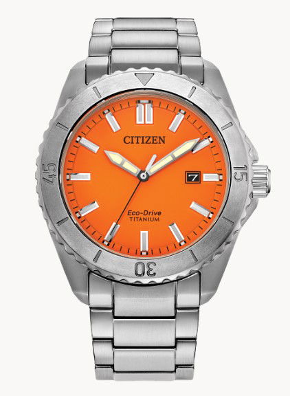CITIZEN ECO-DRIVE SUPER TITANIUM "BRYCEN" WATCH W/ORANGE DIAL