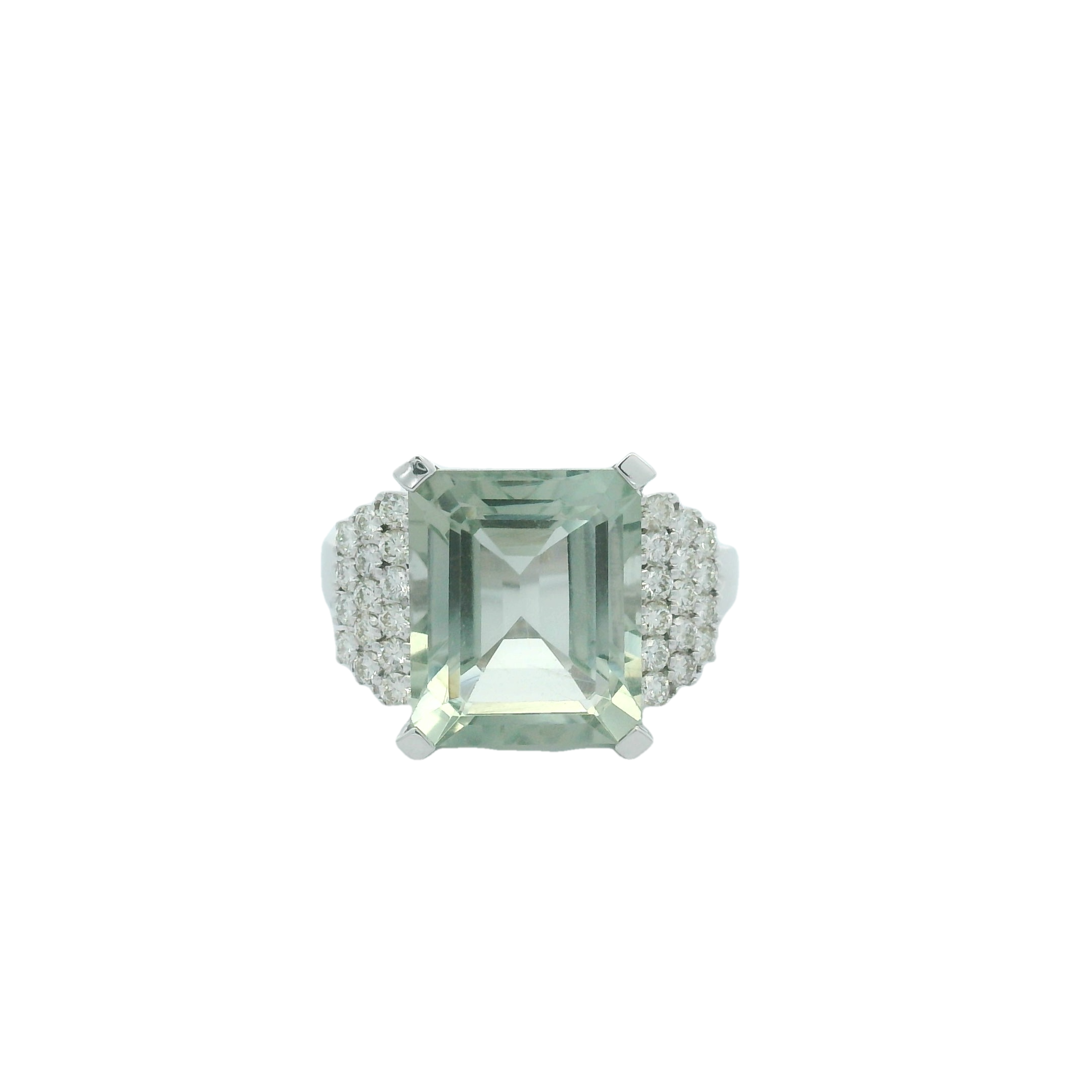 14KWG 5.50CT EMERALD CUT GREEN QUARTZ & 30 BR DIAMONDS 0.43CT FASHION RING